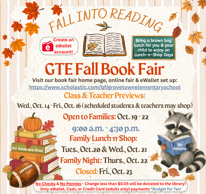 GTE Fall Book Fair Dates and Times surrounded by falling leaves and cute animals with books.
