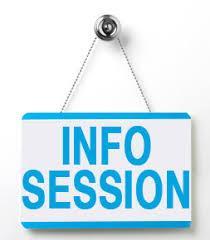 White sign with blue lettering Info Session