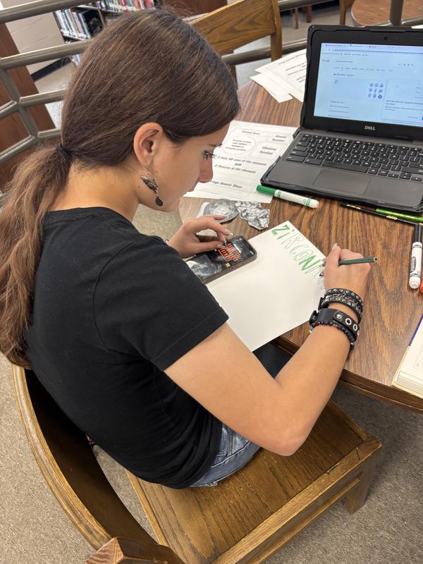 Close up of student doing research on her element