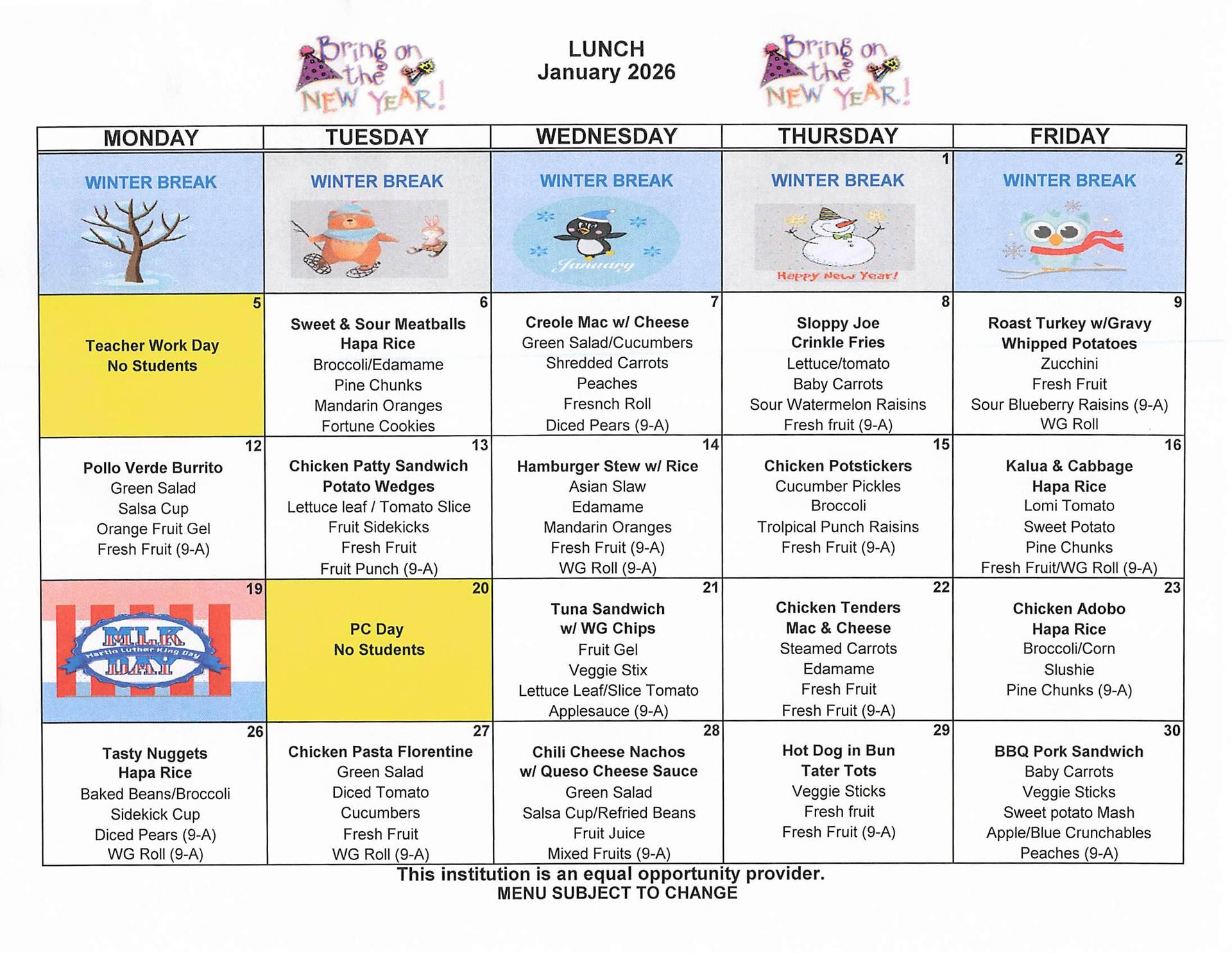 January - Lunch Menu