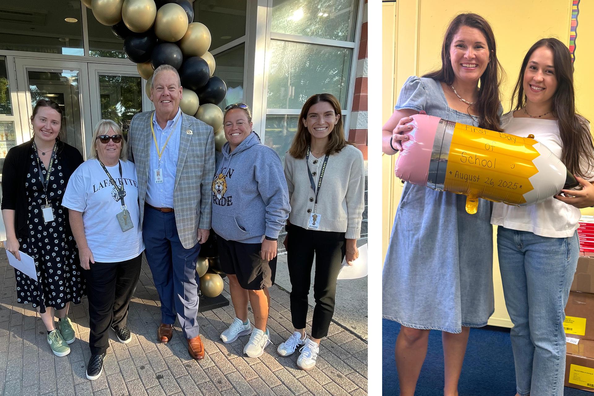 Back to school photo, teachers and staff outside buildings and in classrooms
