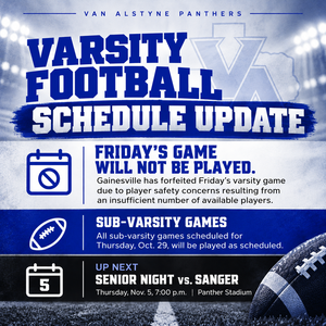 Notice announcing that Friday's game will not be played as Gainesville has forfeited.