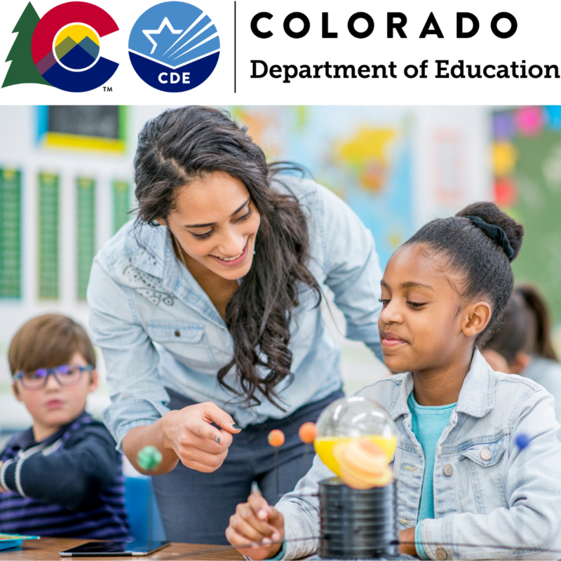 CDE logo with teacher and student in class