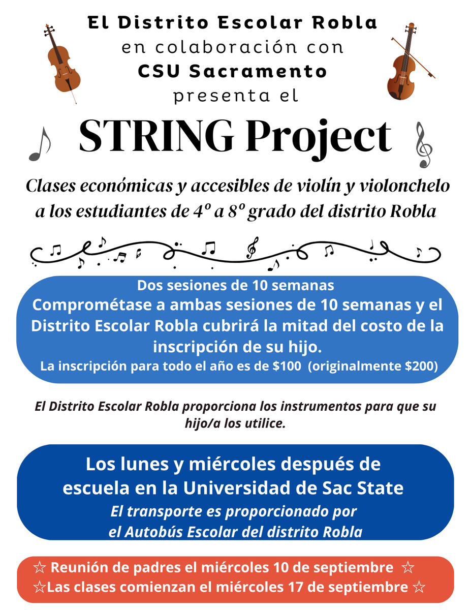 STRING Project clases económicas y accesibles de violín y violoncheloa los estudiantes de 4º a 8º grado del distrito Robla