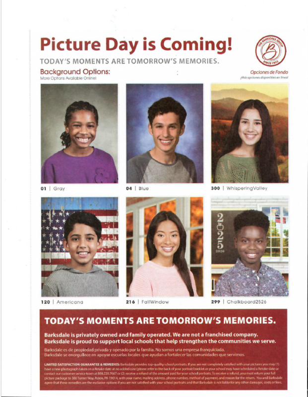 A school picture order form with package options and add-ons. Un formulario de pidido de fotografias escolares con opciones de paquetes y complementos