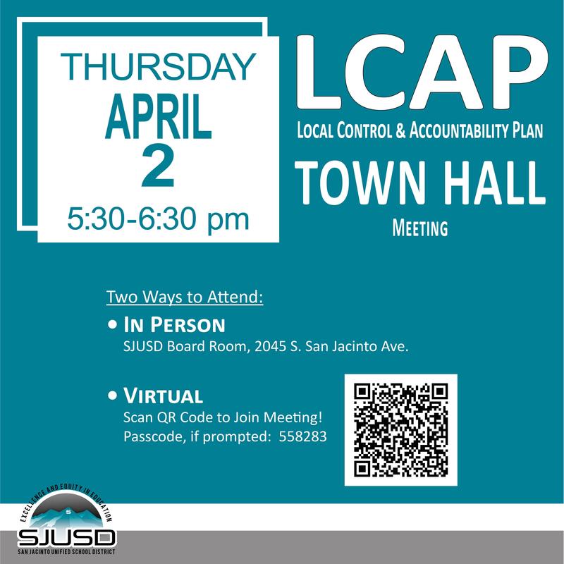 LCAP Town Hall on 4-2-2026 information and QR Code