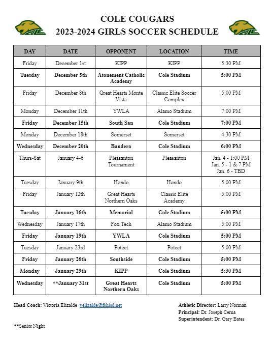 Game Schedule – Girls' Soccer (HS) – Robert G. Cole Middle and High School