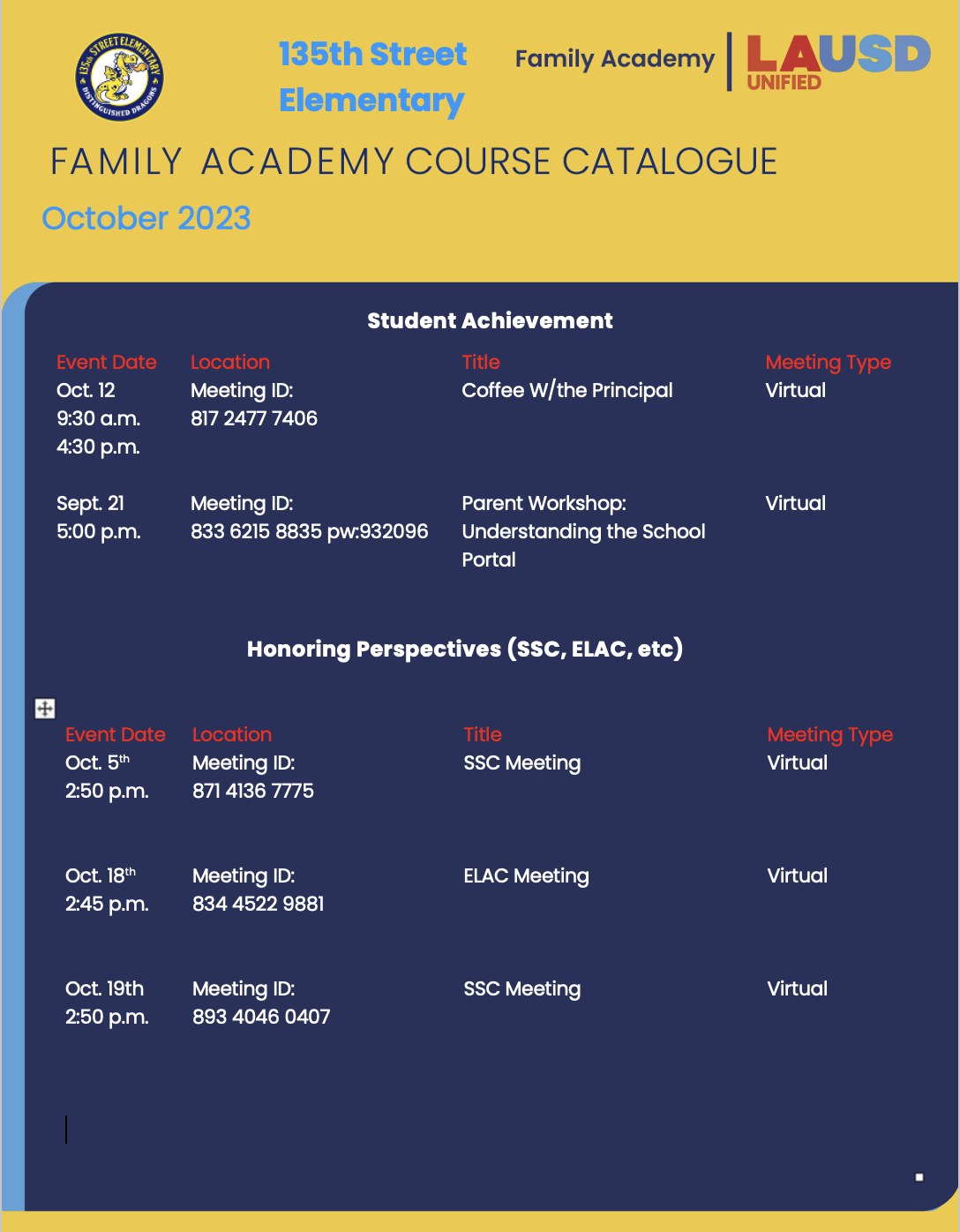 Monthly family catalogue parents 135th street elementary