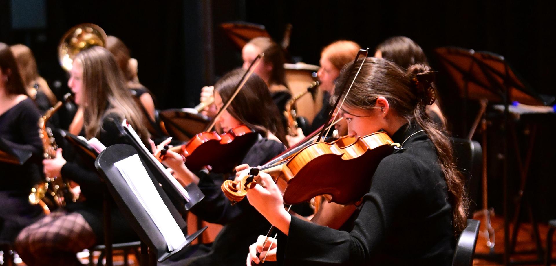 Musicians playing violins in an orchestra setting.