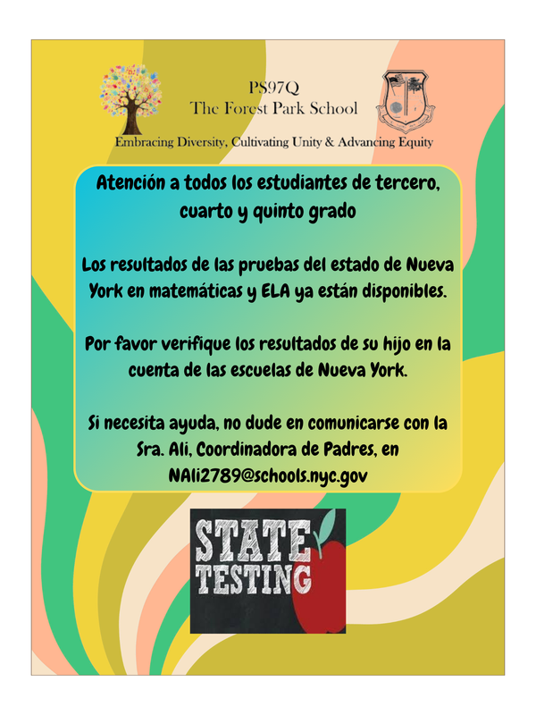 State test flyer with date and time in Spanish