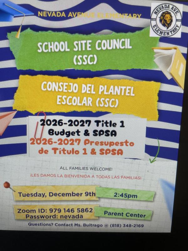 School Site Council (SSC) Meeting/Reunión del Consejo Escolar (SSC)