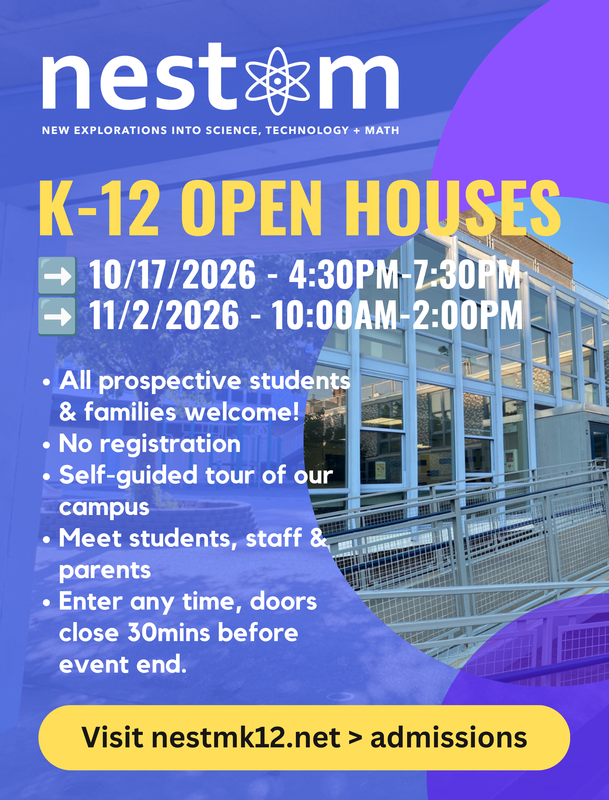 Poster showing image of school entrance and providing details about in person Open Houses on October 17, and November 2.