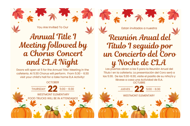Flyer for annual title 1 meeting followed by a chorus concert and ELA night.