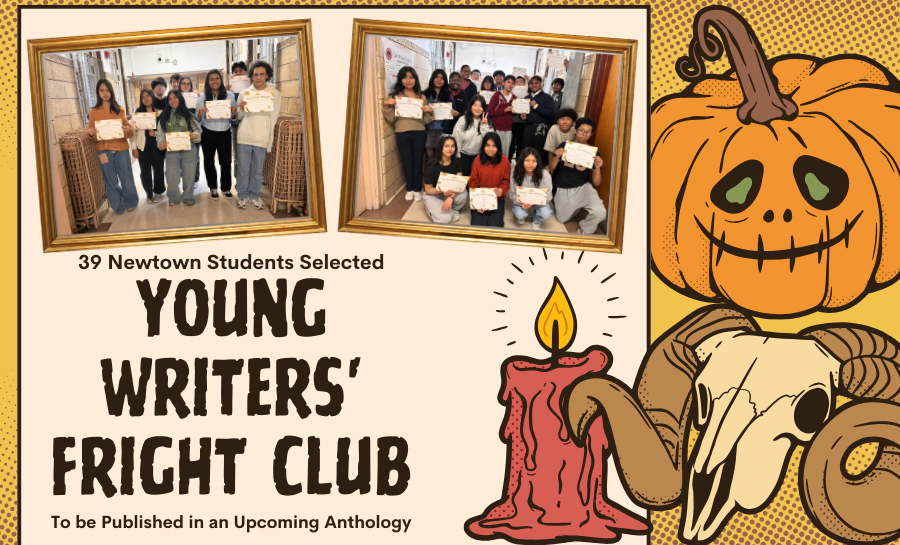 Young Writers' Fright Club winners posted in creepy frames alongside scary props. All students holding a certificate for their achievement.