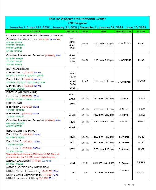 CTE Fall Schedule
