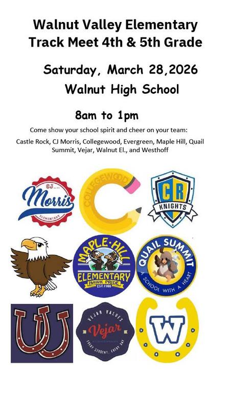 Event flyer for Walnut Valley Elementary Track Meet, detailing participants and schedule.