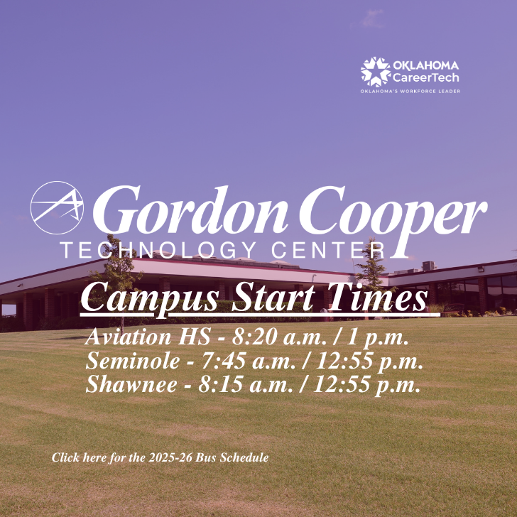 Gordon Cooper Technology Center campus start times with school listings.