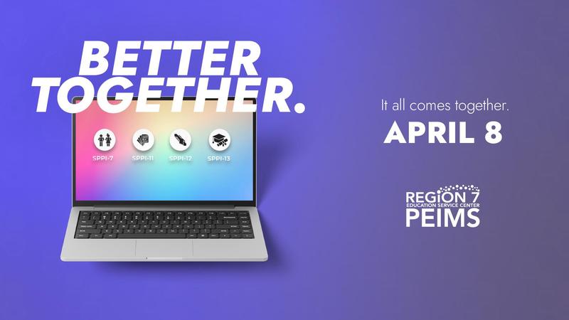 Region 7 ESC PEIMS graphic with laptop icons for SPPI indicators and April 8 event date on purple background.