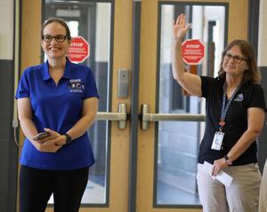 Rockvale Middle School celebrates new hygiene vending machine for students.