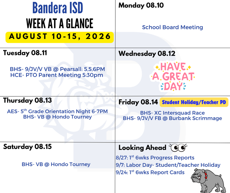 white background bulldog logo week at a glance