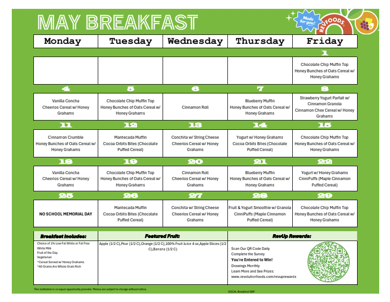 valley charter middle school monthly breakfast menu