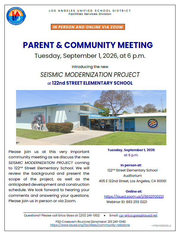 Flyer introducing parents to the info session for modernization of school