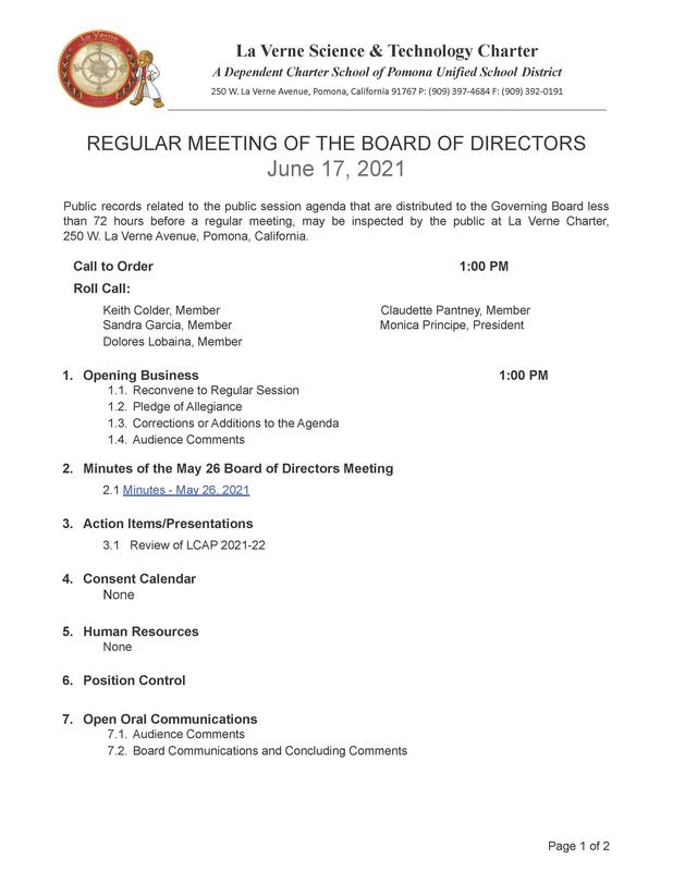 La Verne Charter LCAP Board Agenda - June 17, 2021