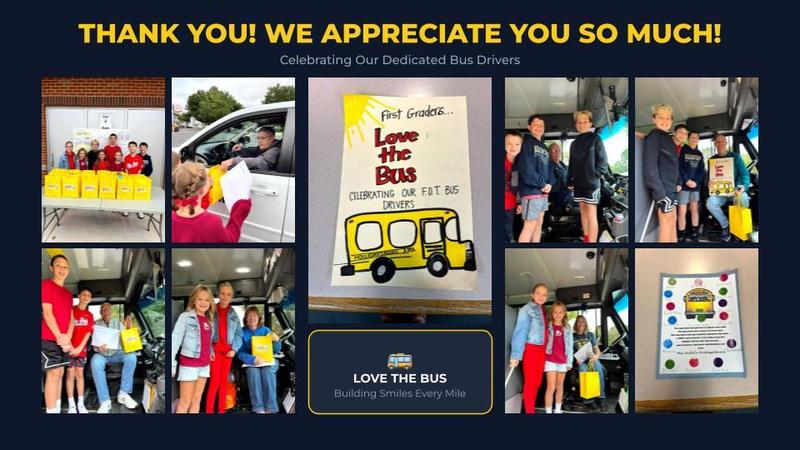 Students celebrating school bus drivers with decorations and posters.
