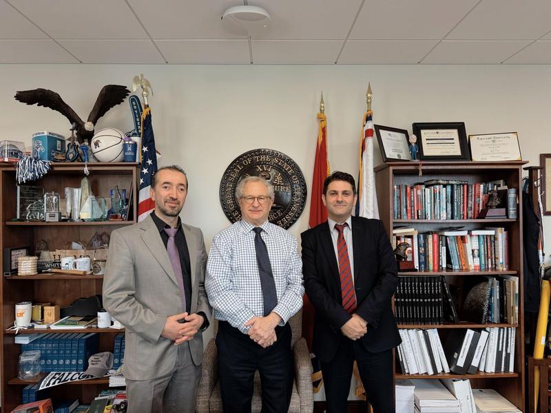 State Representative Mark White stands in his office with Nashville School of Excellence Founding Principal Mr. Kazim Kizilkaya and Director of College and Career Benjamin Murat during a meeting to discuss expanding high-quality educational opportunities for students and families in Nashville.