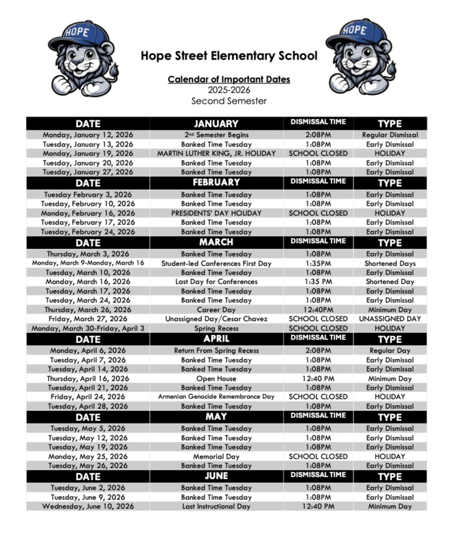 25-26 Calendar Second Semester