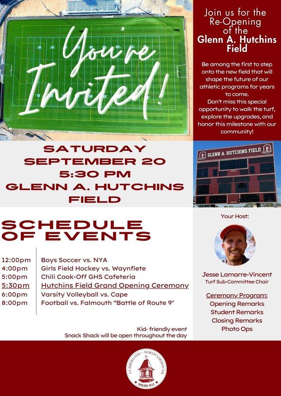Invitation to the grand opening of the Glenn A. Hutchins field