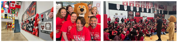Flag hall decorated for back to school, MYP admin smiling with Roary, and a Pep Rally
