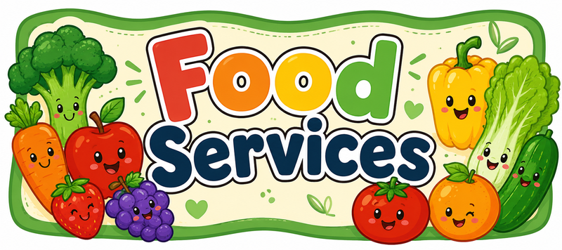 Colorful design featuring smiling fruits and vegetables with the text 'Food Services'.