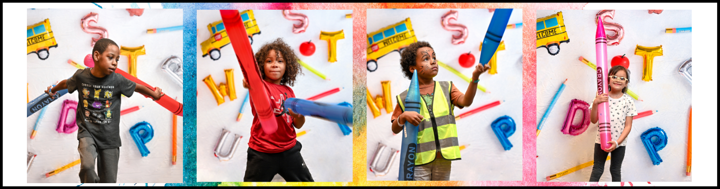 Children joyfully posing with colorful props against a vibrant, playful backdrop.