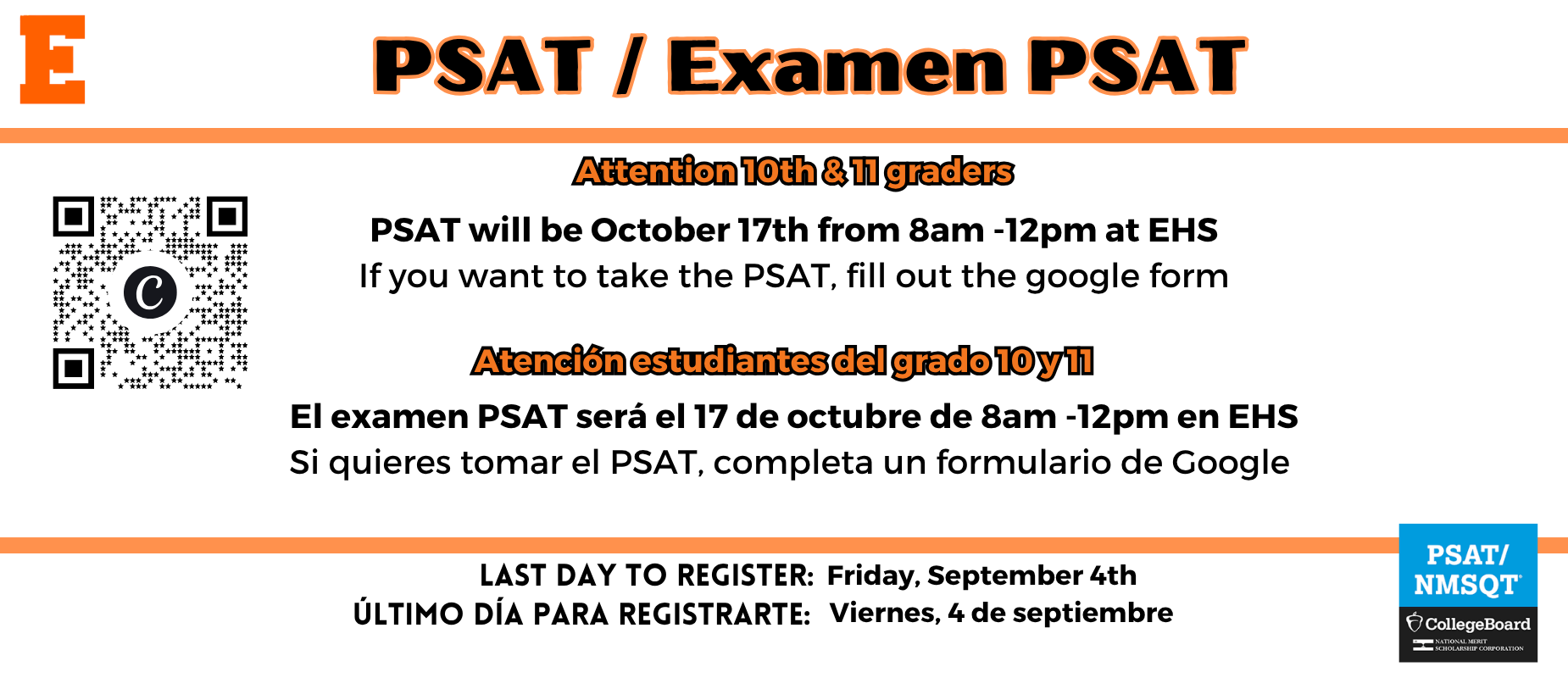 Announcement about the PSAT for 10th and 11th graders in English and Spanish.