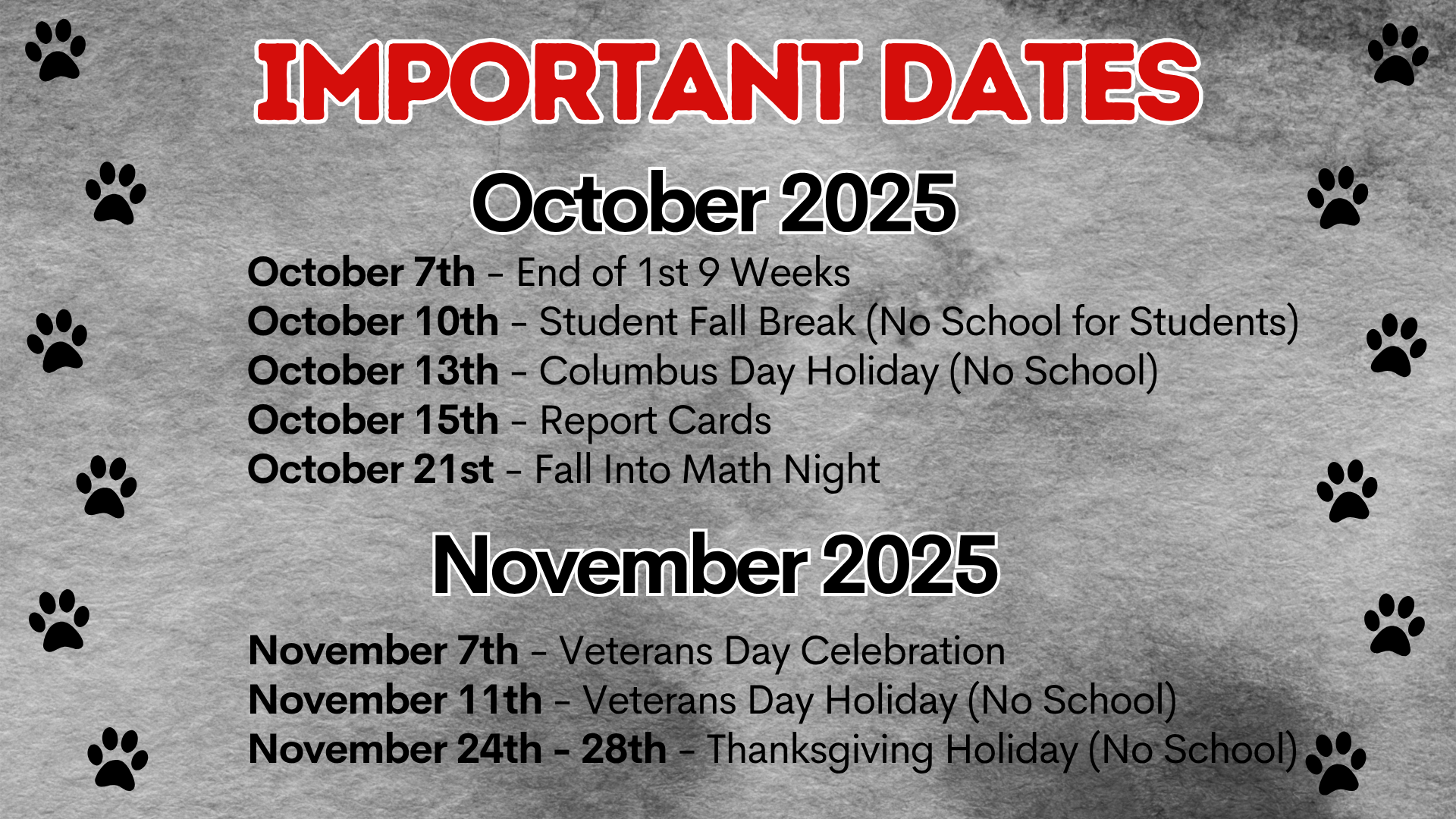 Calendar of important dates for October and November 2025 with holiday notes.