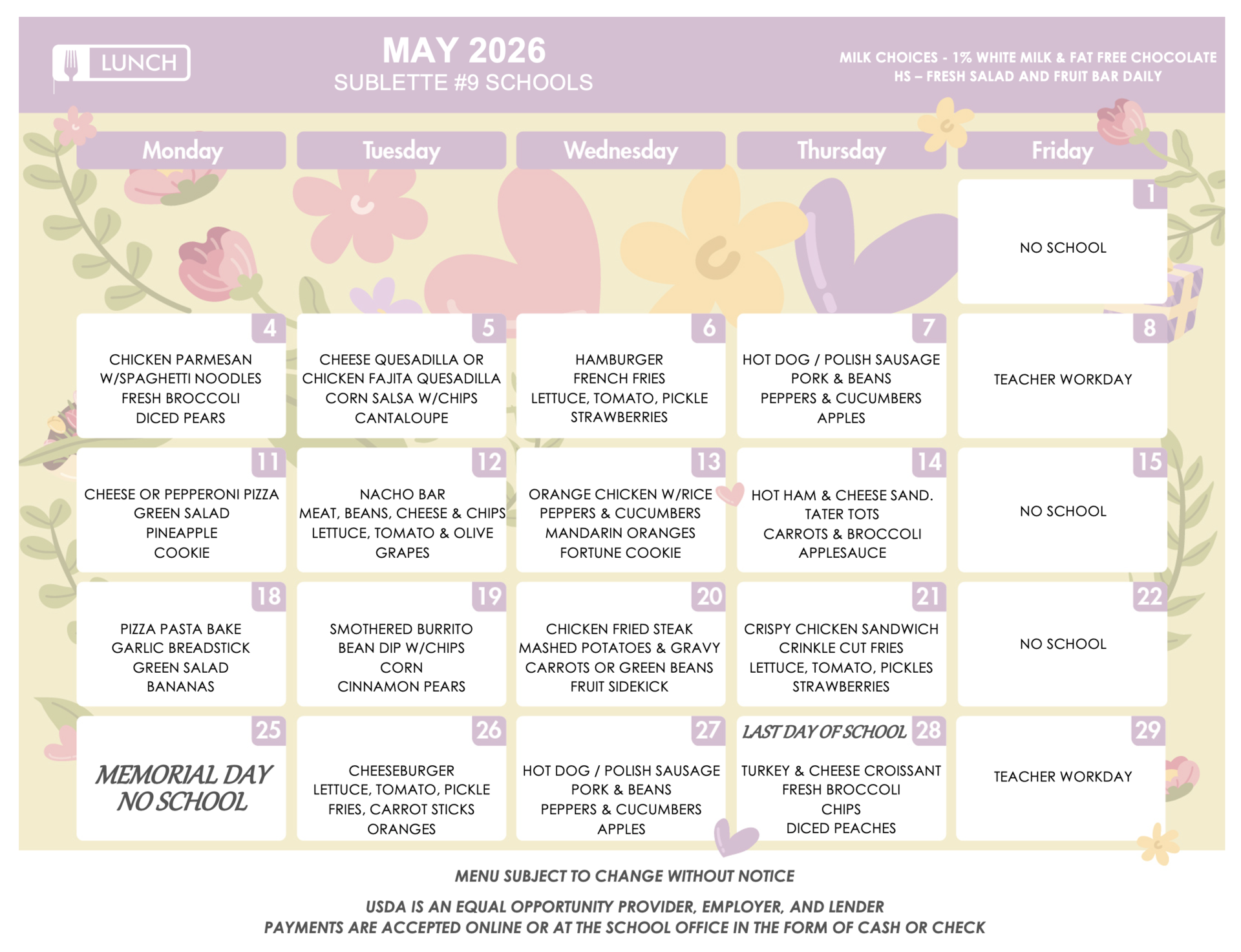May Lunch Menu