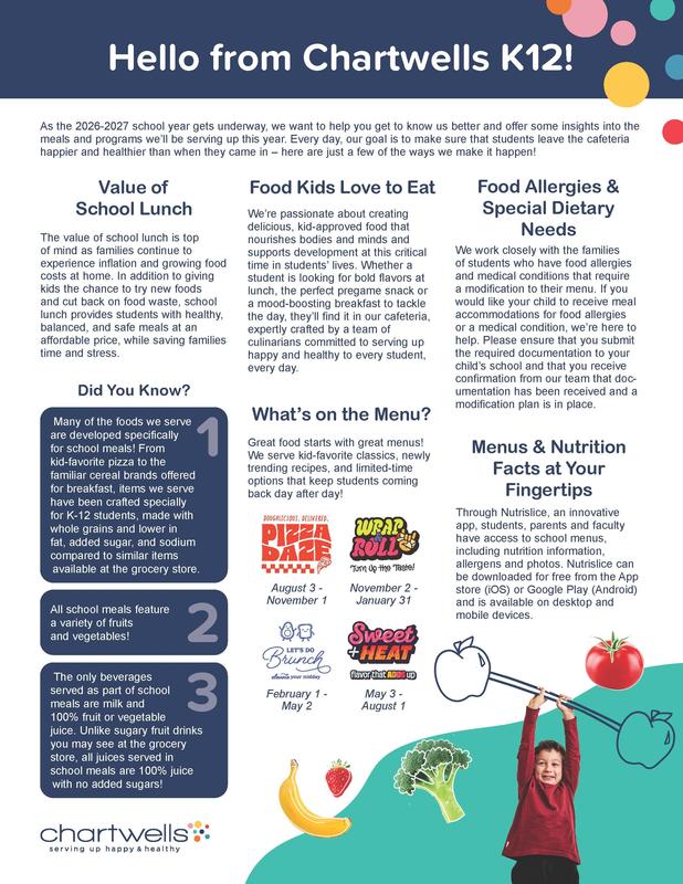 An information sheet from Chartwells introducing them to the TK District.