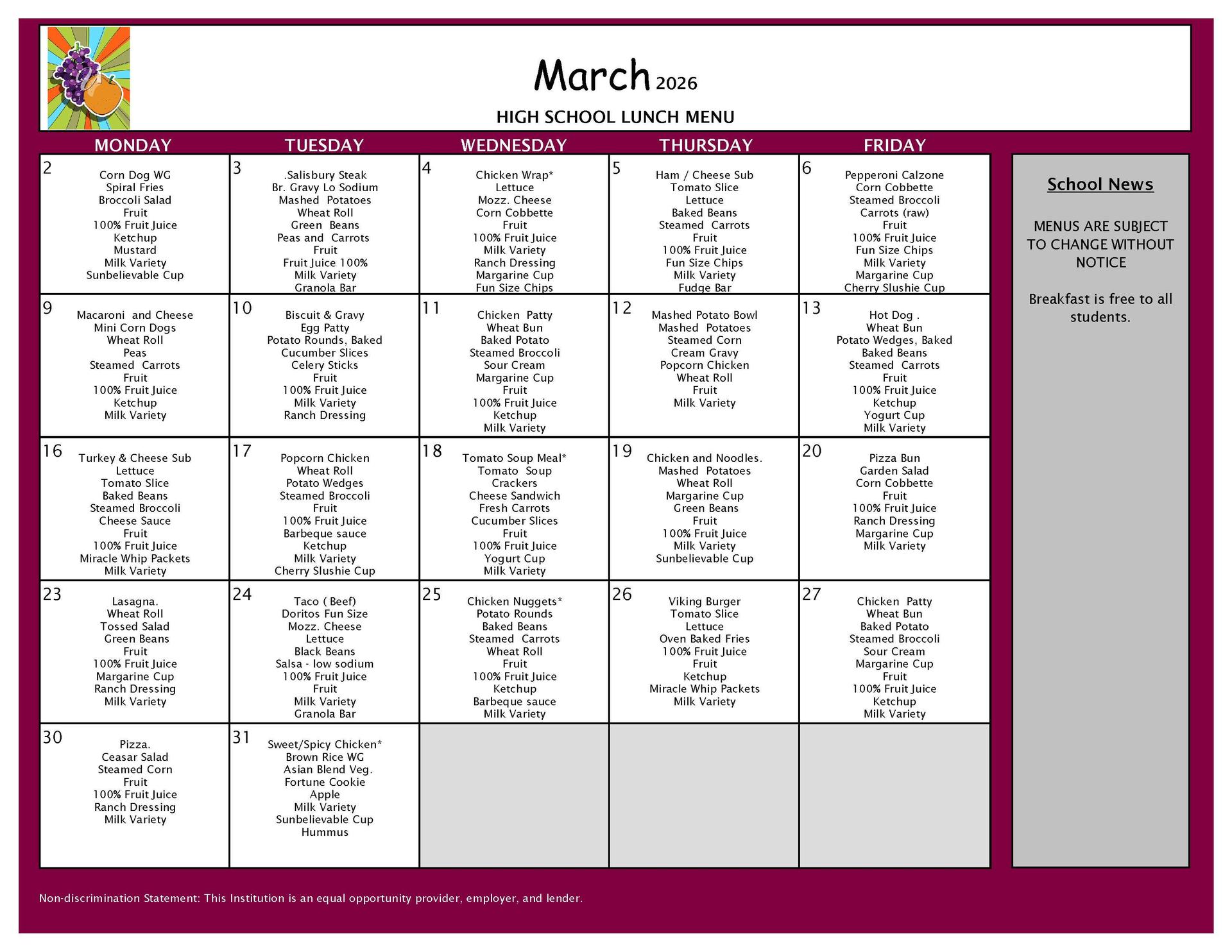 March 2026 Lunch Menu 9-12