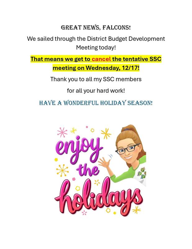 Tentative SSC meeting on Wednesday, 12/17 has been cancelled