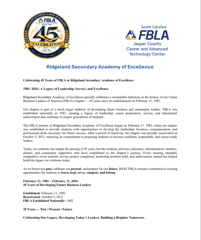 Celebrating 45 Years of FBLA at Ridgeland Featured Photo