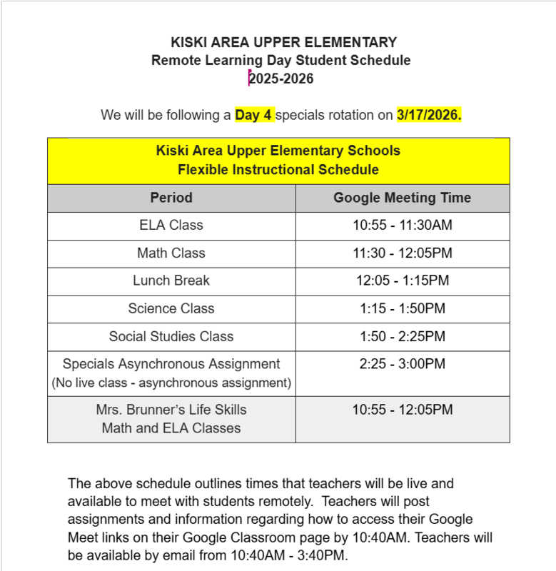 Flexible Instruction Day 4 Schedule and Instructions - 3/17/26