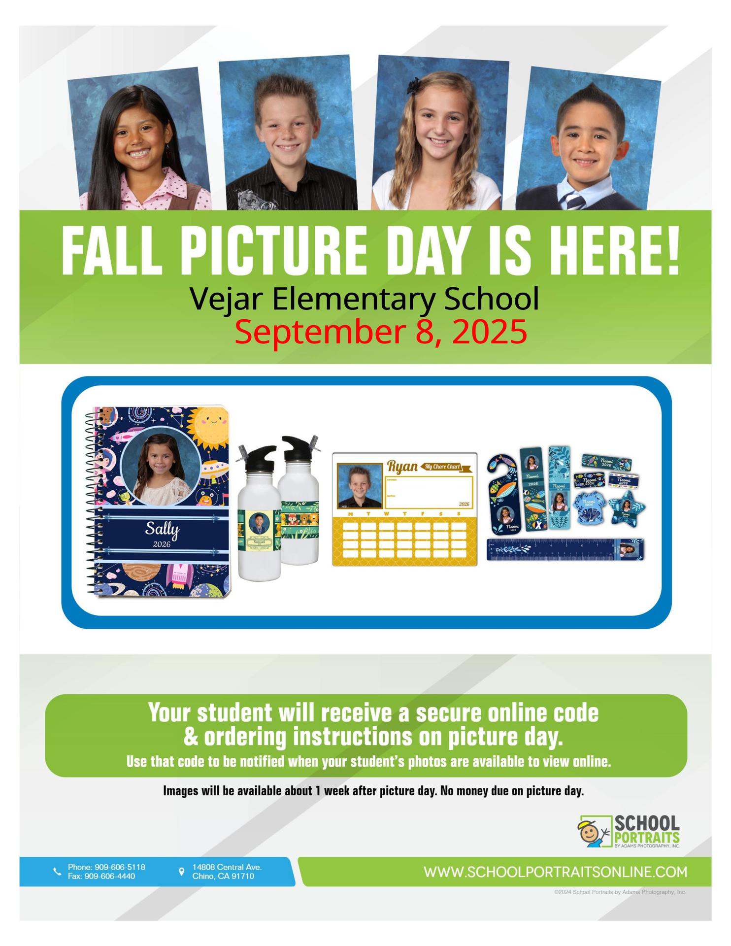 A promotional flyer for Vejar Elementary School's picture day featuring student photos and details.