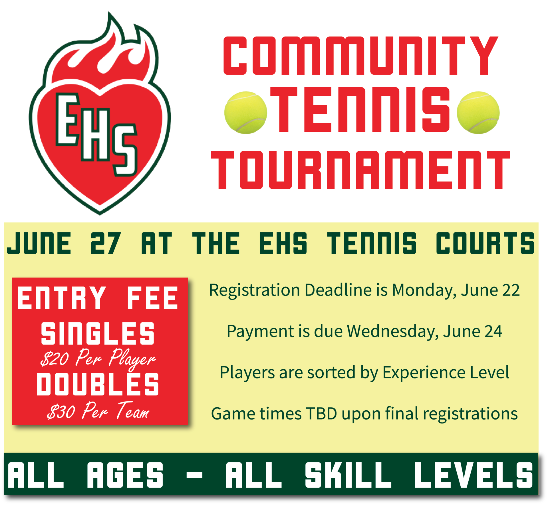Effingham Community Tennis Tournament for all ages all skill levels June 27