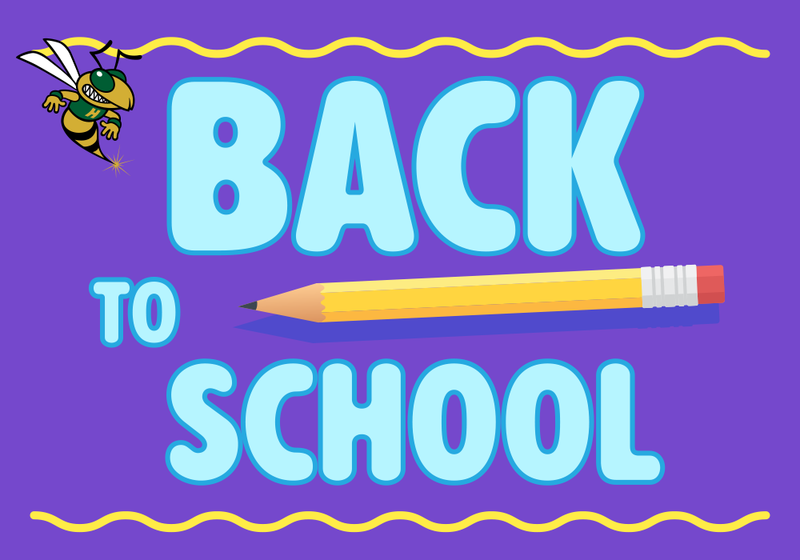 Colorful 'Back to School' graphic featuring a pencil and a cartoon bee.