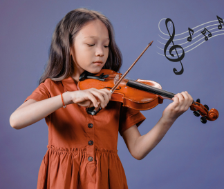 Elementary student playing the violin with illustrated music notes floating above