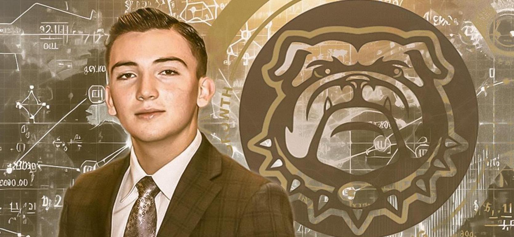 A young man in a suit with a money-themed background and a logo.