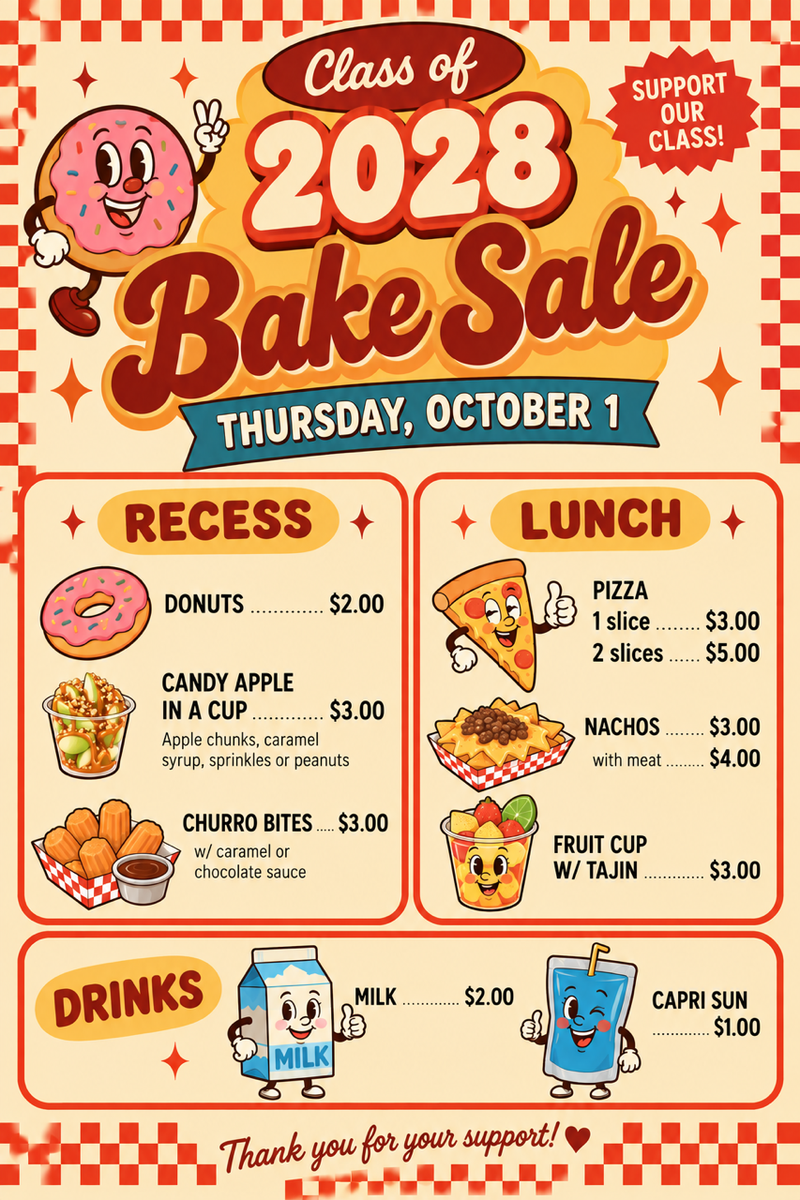 checkered background with food characters