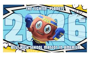 Cartoon mascot representing Mars, celebrating as best high school mascot in America.