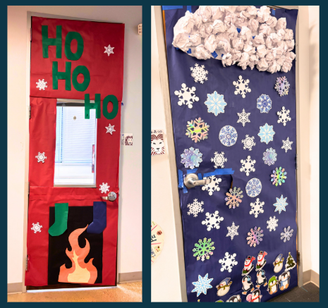 Doors decorated like a fireplace and a snow cloud